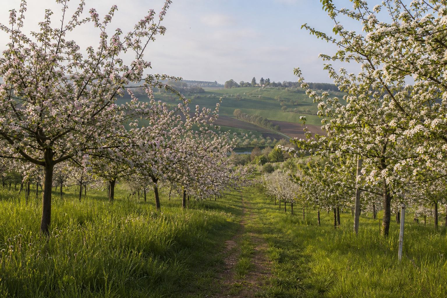 Kirschblüte und Obstreihen bei Forchheim